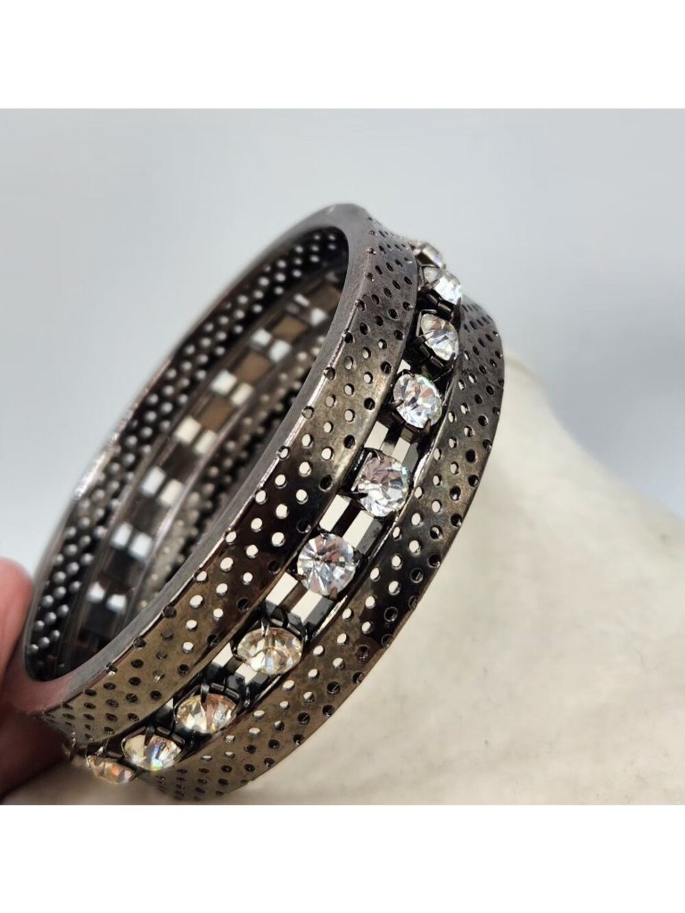 Black Metal Bangle Bracelet With Clear Rhinestones & Perforated Design